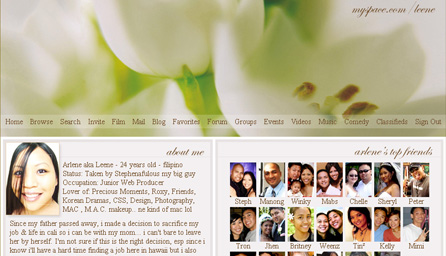 Arlene's Myspace Profile Page